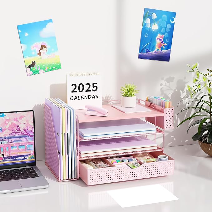 gianotter Wood Desk Organizers and Accessories with File Holder, 4-Tier Desk Accessories & Workspace Organizers with Drawer and Pen Holder, Desk Reference Organizer (Pink, 4T with Drawer) - Image 7