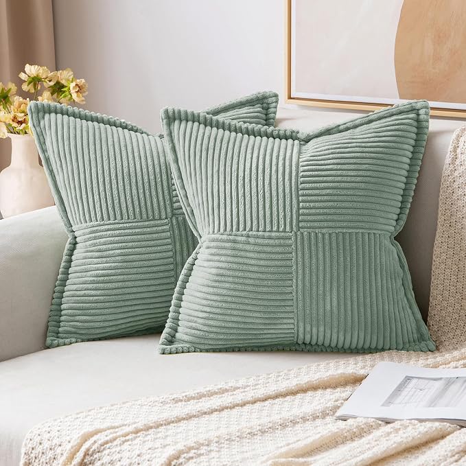 MIULEE Spring Decorative Throw Pillow Covers for Couch Bed Livingroom 18x18 Inch Set of 2 Greyish Green Boho Accent Throw Pllows Broadside Striped Patchwork Soft Corduroy Summer Pillowcases by MIULEE