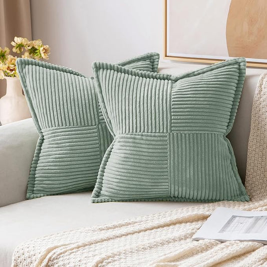 MIULEE Spring Decorative Throw Pillow Covers for Couch Bed Livingroom 18x18 Inch Set of 2 Greyish Green Boho Accent Throw Pllows Broadside Striped Patchwork Soft Corduroy Summer Pillowcases by MIULEE