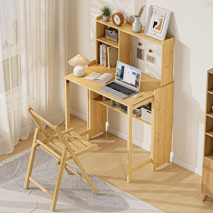 Folding Desk with Bookshelf, Compact Foldable Desk for Small Spaces,Natural | Bamboo Computer Desk with Storage Shelf, Space-Saving Home Office Desk with Hutch for Bedroom, Dorm, Apartment - Image 4