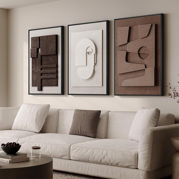 Large 3D Textured Framed Neutral Abstract Wall Art for Living Room, 3 Piece Modern Artwork for Walls, Minimalist White and Brown Geometric Wall Paintings for Hallway, Stair, Office Wall Decor 24x36 In - Image 2
