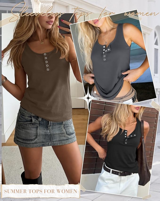Ficerd 3 Pack Women's Henley Tank Tops Sleeveless Button Down Summer Shirts 2026 Casual Trendy Loose U Neck Tee Blouses - Image 2