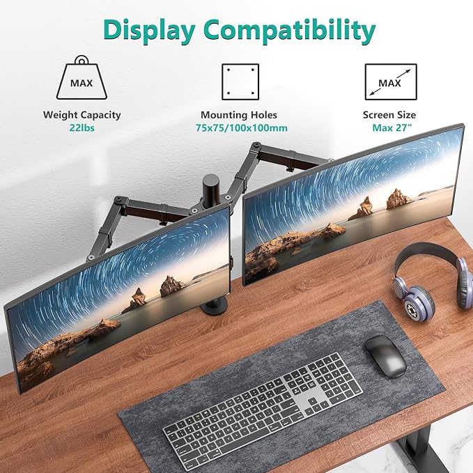 WALI Dual Monitor Stand for Desk, Dual Monitor Mounts for 2 Monitors up to 27 inch, 2 Monitor Desk Mount Holds up to 22 lbs, Height Adjustable Swivel Tilt Rotation, 75x75/100x100mm (M002), Black - Image 2