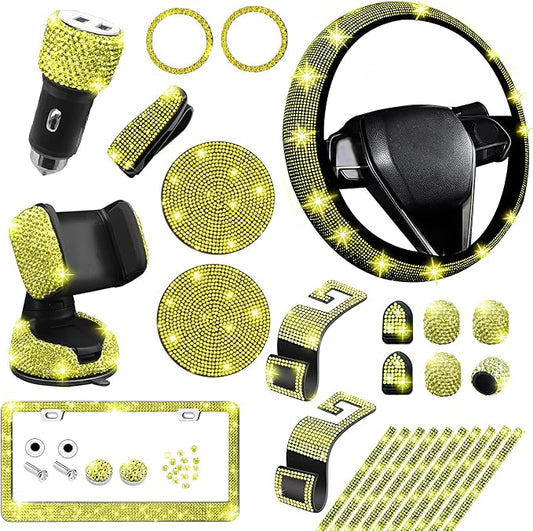 NBTEPEM 27 PCs Yellow Bling Car Accessories Set for Women, Steering Wheel Covers Universal Fit 15 Inch, Bling License Plate Frame, Bling Phone Holder, Bling Car Coasters (Yellow Diamond) by NBTEPEM