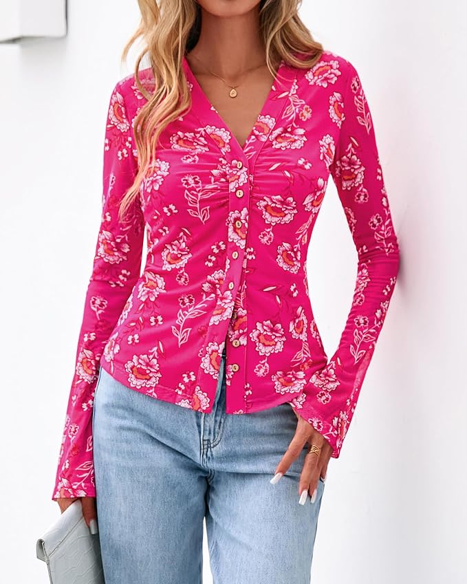 BTFBM Button Down Shirts for Women 2026 Fall Boho Tops V Neck Long Sleeve Blouses Ruched Mesh Fitted Fashion Clothing - Image 6