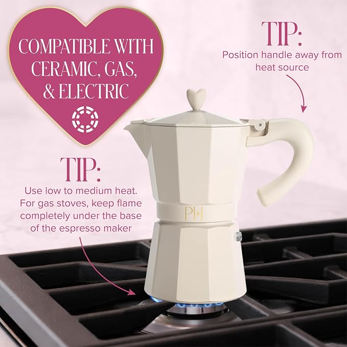 Paris Hilton Stovetop Espresso and Coffee Maker, Italian & Cuban Style Coffee Pot with Iconic Heart Knob, Perfect for Rich Aromatic Espresso, Makes up to 6 Espresso Cups, Cream - Image 5