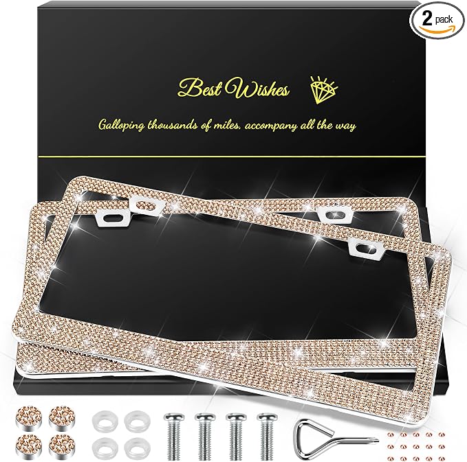 QUANQIUFEI 2 Pack Bling License Plate Frames for Women, Sparkly Rhinestone Diamond Car Accessories with Glitter Crystal Caps (Champagne) by QUANQIUFEI