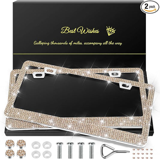 QUANQIUFEI 2 Pack Bling License Plate Frames for Women, Sparkly Rhinestone Diamond Car Accessories with Glitter Crystal Caps (Champagne) by QUANQIUFEI