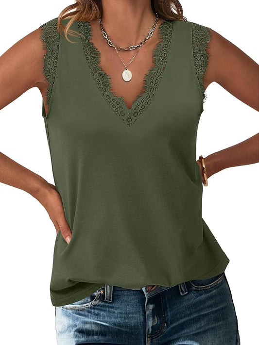ANRABESS Womens Lace Trim Tank Tops V Neck Sleeveless Shirts 2026 Summer Casual Trendy Dressy Cami Top by ANRABESS