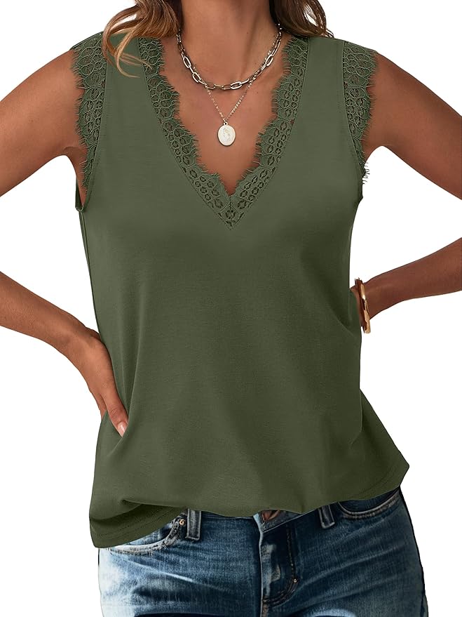ANRABESS Womens Lace Trim Tank Tops V Neck Sleeveless Shirts 2026 Summer Casual Trendy Dressy Cami Top by ANRABESS