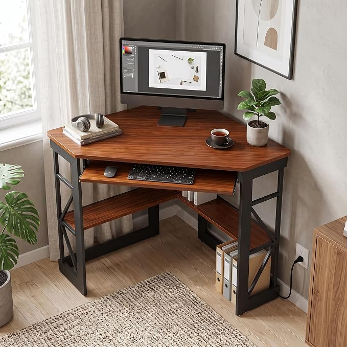 VECELO Corner Desk, Triangle Computer Desk for Small Space with Charging Station and Keyboard Tray, Corner Makeup Table with Storage Shelves for Home Office Bedroom, 41x30, Teak Brown - Image 7