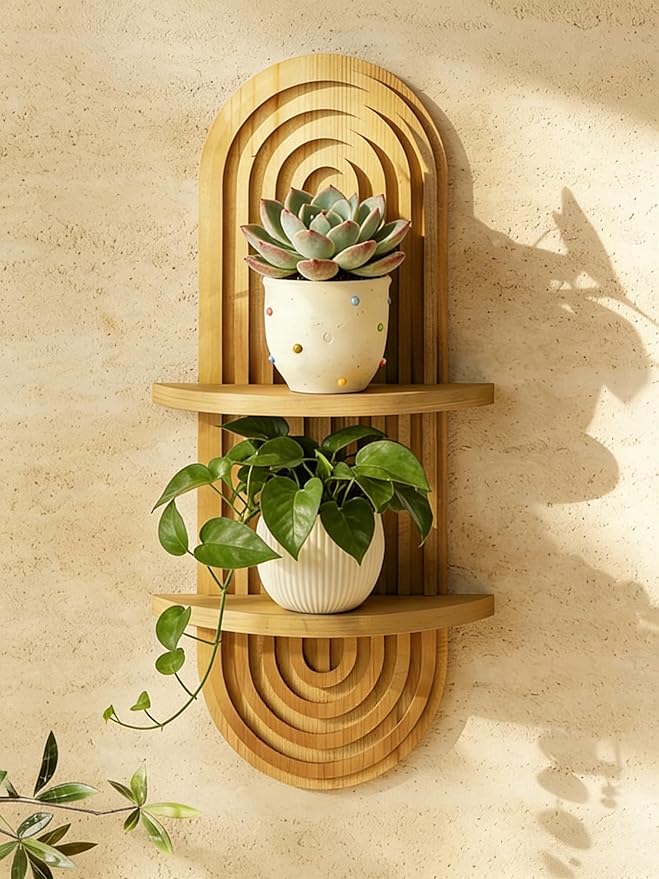 Bamworld Boho Wall Decor Plant Wall Shelf Mid Century Modern Decor Hanging Plant Shelf 2-Tier Wooden Floating Shelves for Home Bathroom Bedroom Living Room Office Holding Planter Decoration Natural by Bamworld