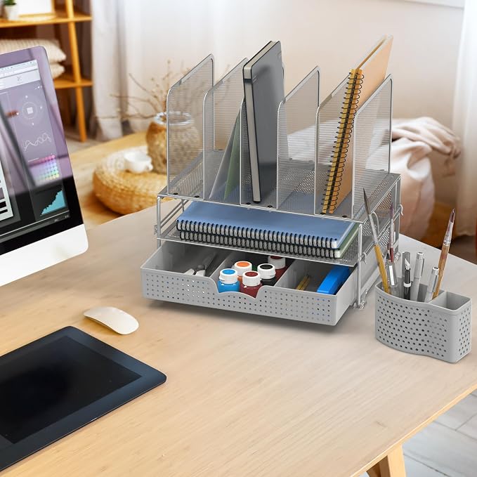 Simple Houseware Desk File Organizer for Office Supplies w/Drawer, Silver | Double Tray, Pencil Holder, and 5 Upright Sections with Sliding Drawer - Image 4
