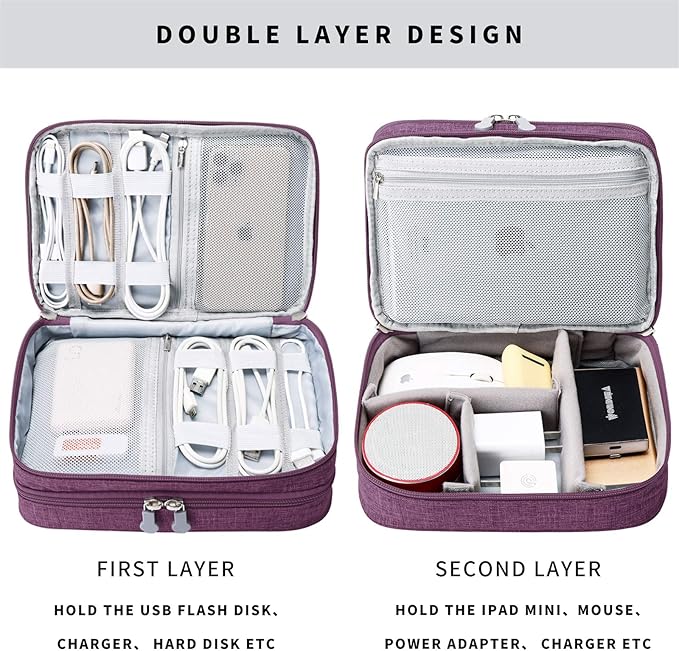 Lanola Travel Cable Organizer Bag, Electronic Accessories Case Portable Double Layer Cable Storage Bag for Cord, Charger, Flash Drive, Phone, SD Card,Personal Items - (Purple) - Image 3