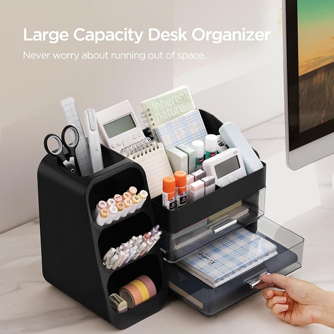 HBlife Desk Organizer with Pen Pencil Holder for Desk, Pen Organizer with 2 Drawers, Desk Organizers and Accessories with 4 Compartments, Desktop Storage for Office Home School Art Supplies, Black - Image 2