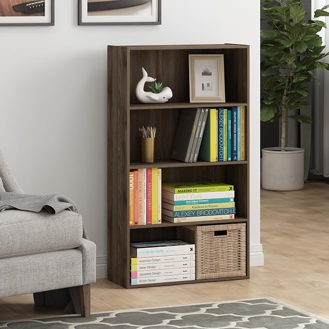 Furinno PASIR Book Shelf, 4-Tier Bookshelf, Bookcase with Open Shelf, 9.4 x 23.6 x 41.7, for Living Room, Bedroom, Home Office, Columbia Walnut - Image 2