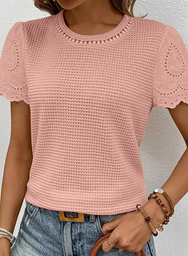 SHEWIN Womens Frenchy Summer Tops Crewneck Short Sleeve T Shirts Casual Waffle Knit Jacquard Blouses Top Shirts - Image 4