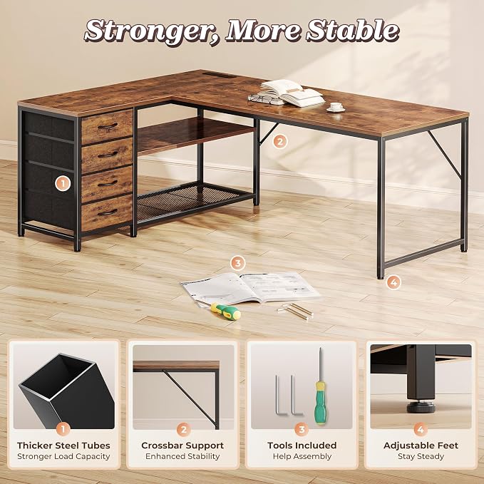 PRAISUN 61" L Shaped Desk with Power Outlets & USB-C Port, Reversible Computer Corner Office Desk with 4 Fabric Drawers and 2 Storage Shelves, Large Desk for Gaming Writing Study, Rustic Brown - Image 8