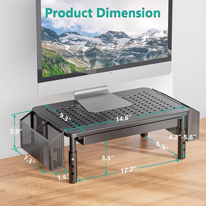 WALI Computer Monitor Stand with Storage, Desk Organizer with Drawer and Pen Holder, Desk Monitor Riser 3 Height Adjustable, Laptop Riser for Computer, Laptop, Printer (STT003DH-B), 1 Pack, Black - Image 2