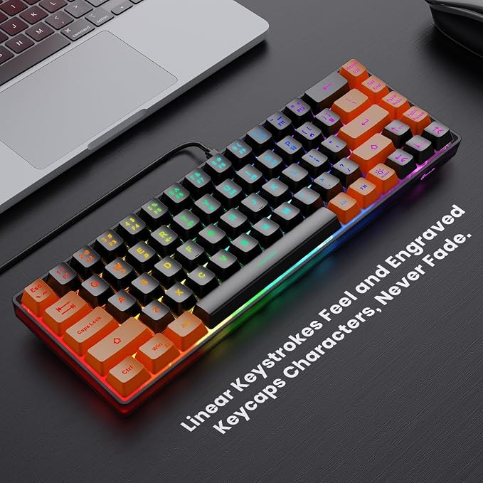GEODMAER 65% Gaming Keyboard, LED Backlit Mini Wired Keyboard, Ultra-Compact Anti-Ghosting No-Conflict 68 Keys Membrane Gaming Wired Keyboard for PC Laptop Windows Gamer(Black-Orange) - Image 2
