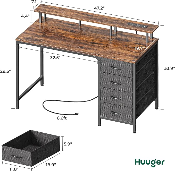 Huuger 47 Inch Computer Desk with Power Outlets and LED Lights, Gaming Desk with 4 Drawers, Office Desk with Monitor Stand, Study Work for Home Office, Small Spaces, Rustic Brown - Image 2