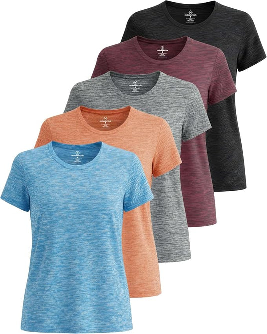 5 Pack Women's Dry Fit Short Sleeve Athletic Gym Workout Running Tops | Available in Plus Size, Exercise, Sports, Fitness, Quick Dry, Cooling, Moisture Wicking, Loose Basic Tees, Yoga, Pilates by RealEssentials