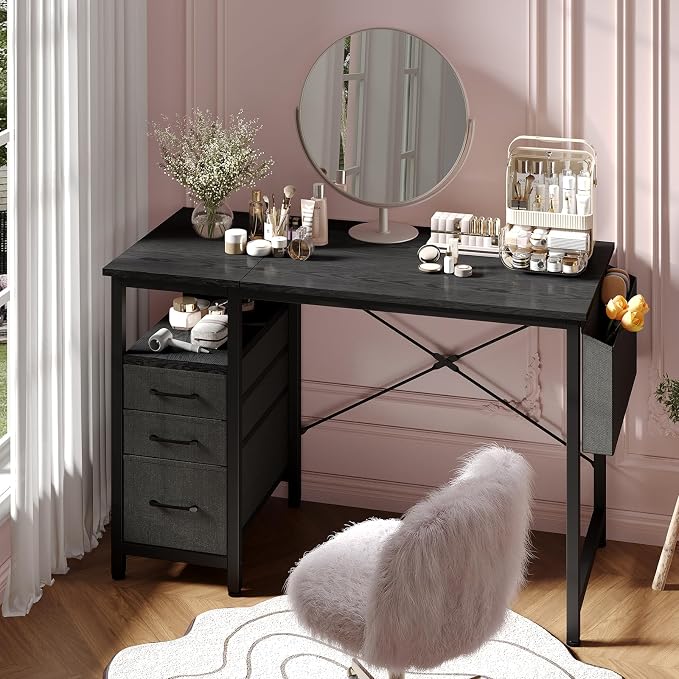 DUMOS 39 Inch Small Computer Desk with Storage, Fabric Drawers | Writing Table, Side Pocket, Space Saving Workstation, Home Office, Gaming Setup, Dorm Apartment, Black - Image 2