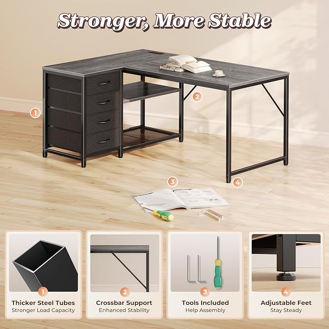PRAISUN 43.3" Small Computer Desk with Power Outlets & USB-C Port, Reversible L Shaped Corner Office Desk with 4 Fabric Drawers and 2 Adjustable Storage Shelves, for Gaming Writing, Grey - Image 8