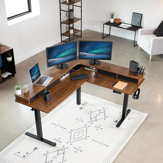 VIVO Dark Walnut 63 x 55 in Corner Standing Desk, DESK-E3CVD | Electric, 2-Tier, L-Shaped, Sit Stand, Height Adjustable, Memory, Dark Walnut Top, Black Frame, Black Drawers - Image 7