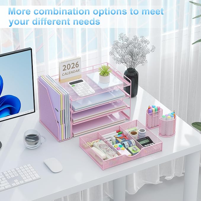 gianotter Desk Organizers and Accessories with File Holder, 4-Tier Desk Accessories & Workspace Organizers with Drawer and 2 Pen Holder, Paper Organizer for Office Supplies (Pink) - Image 4