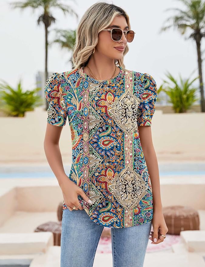 Ivicoer Puff Short Sleeve Shirt for Women Eyelet Tops Summer Crewneck Blouse Loose Fit S-XXL - Image 2