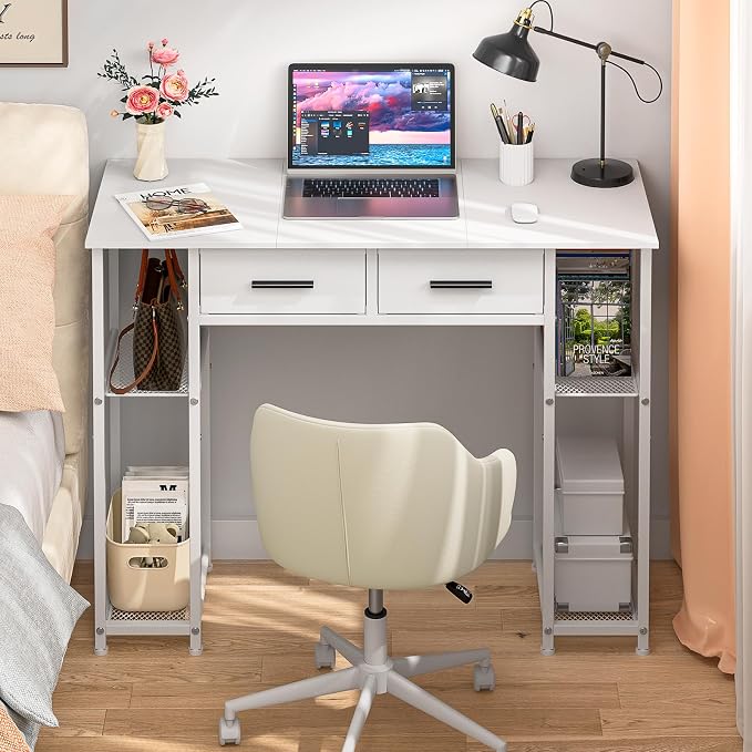 DAOUTIME White Computer Desk with Drawers, 37.3 Inch Home Office Work Desk with Storage Shelf, Kids Teens Study Table for Small Space, Small Writing PC Table for Bedroom Makeup Vanity Desk by DAOUTIME