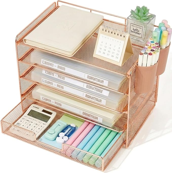LEKETREE Desk Organizer and Accessories, 5-Tier Paper Letter Tray Organizer with Drawer & 2 Pen Holders for Desktop File Organization, Office Desk Accessories for Supplies Storage (Rose Gold) by Stylishworkspaceeffortlessorganization