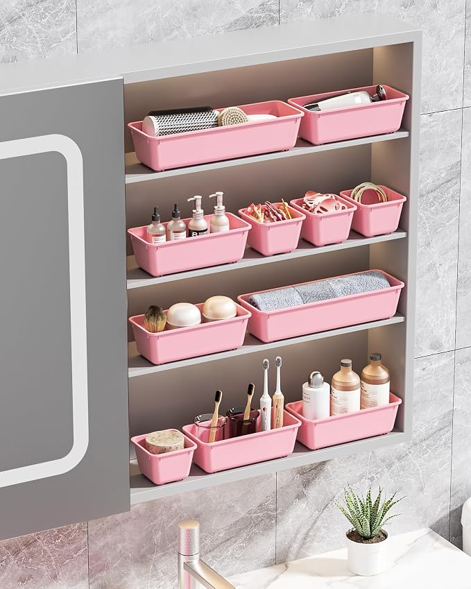 Canfanni 13 Pack Plastic Drawer Organizers Set, 3 Sizes Desk Drawer Organizer Trays for Vanity and Makeup Organizer, Organization and Storage for Makeup, Kitchen Utensils, Bathroom and Office(Pink) - Image 7
