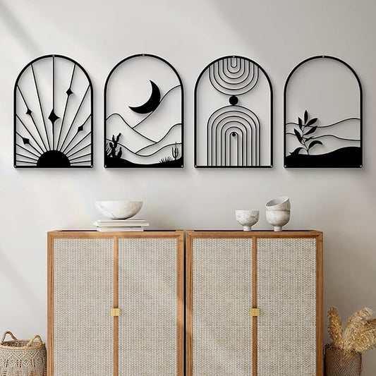 Glamativity 4 Pack Black Abstract Metal Wall Art, Minimalist Décor Single Line Art Wall Décor, 3D Textured Metal Wall Sculptures, for Living Room Bedroom Bathroom Study Room (Black Boho, L Size 22.5 x 15.7'') by MetalWallD%C3%A9cor-MakeYourHomeAmazing