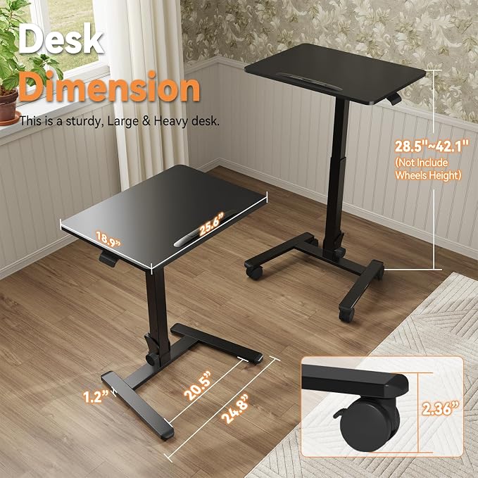 Monomi 25“ Mobile Folding Desk,Pneumatic Sit-Stand Table,No Assembly,Black | Height Adjustable Rolling Laptop Desk,Space-Saving Portable Small Desk with Wheels,Ideal for Home Office,Craft & Study - Image 2