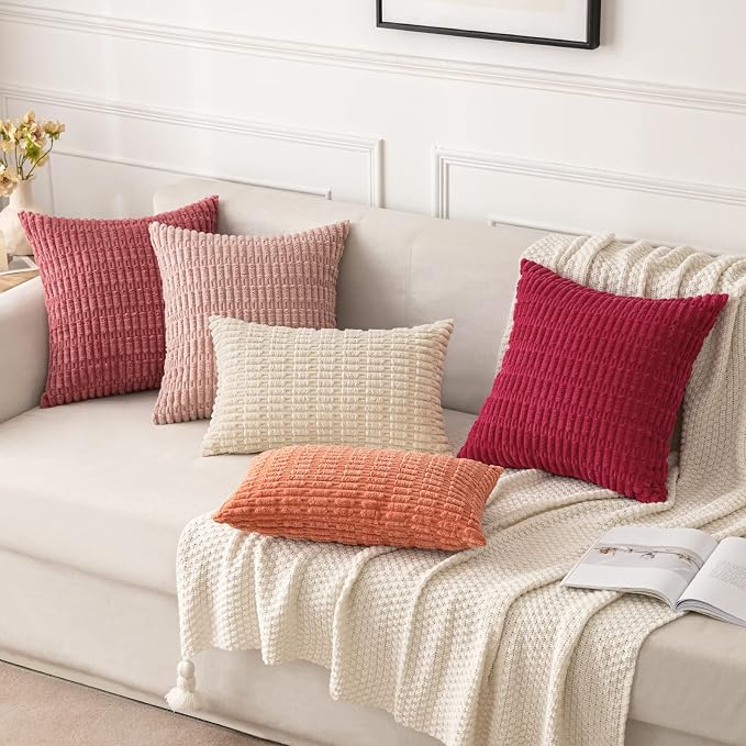 MIULEE Pack of 2 Corduroy Decorative Throw Pillow Covers 18x18 Inch Soft Boho Striped Pillow Covers Modern Farmhouse Home Decor for Sofa Living Room Couch Bed Cranberry Red - Image 2