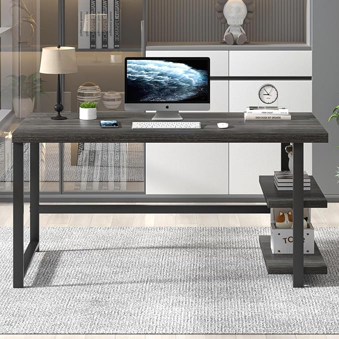 FOLUBAN Home Office Desk, Modern Computer Desk with Storage Shelf, Wood Study Writing Gaming Table for Bedroom Living Room, Industrial Dark Gray, 53 Inch - Image 7