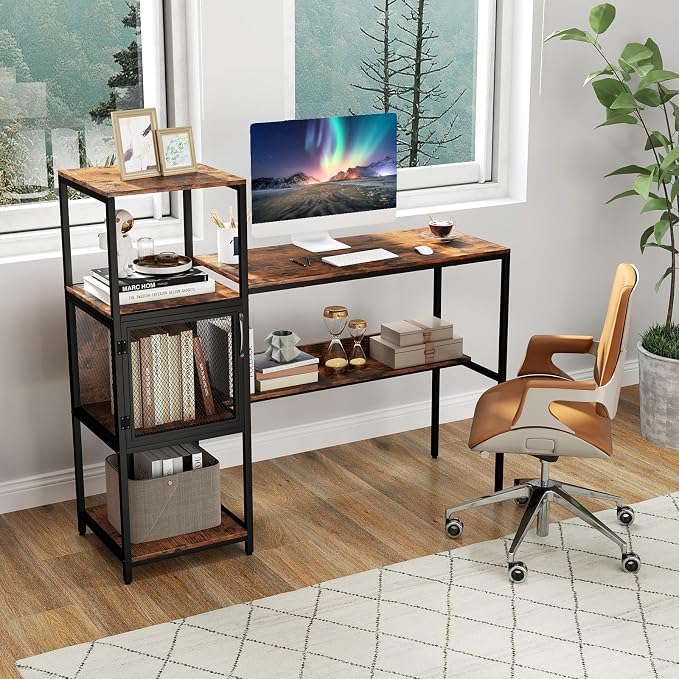 Giantex Computer Desk with Bookshelf, Modern Computer Workstation Home Office Desk with Storage Cabinet & Shelves, Metal Frame, Study Writing Desk for Small Space, Bedroom, Rustic Brown - Image 2