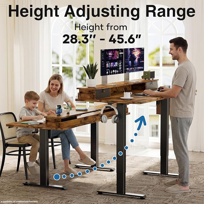 Veken 47x28 in Electric Standing Desk with Drawers, Adjustable Table, Brown | Stand up Computer Desk for Home Office, Work & Study, with Storage, 3 Memory Presets, Cable Organizer, Hook, and Quiet Lift. - Image 5