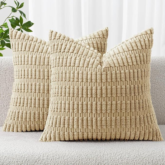 MIULEE Pack of 2 Corduroy Decorative Throw Pillow Covers 18x18 Inch Soft Boho Striped Pillow Covers Modern Farmhouse Home Decor for Sofa Living Room Couch Bed Tan by MIULEE