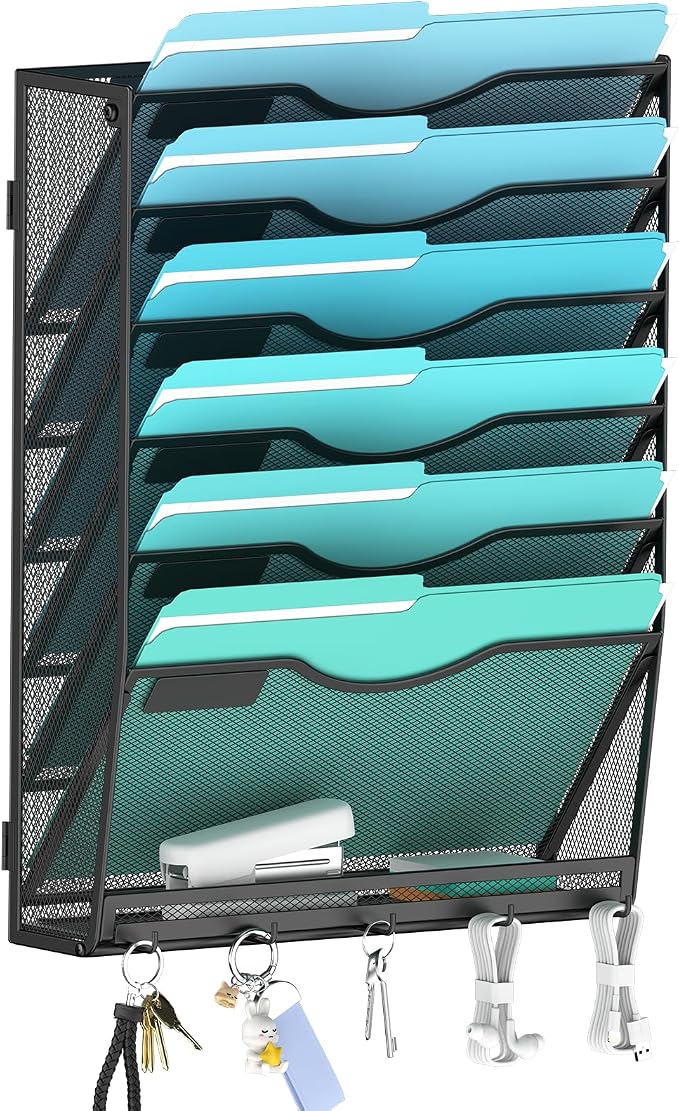 Gawerk 7-Tier Wall File Organizer Hanging Wall File Holder Wall Mount Paper Folder Organize, Mesh Magazine Document Mail Organizer for Office School Home, Black by Gawerk