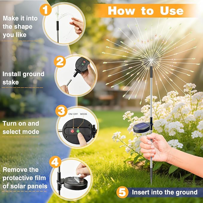 btfarm 2 Pack Solar Garden Lights Outdoor 8 Modes, 120 LED Firework Lights Solar Powered, Waterproof Twinkle Fairy Light Outside for Yard Pathway Lawn Pool Patio Christmas Decorative, Multicolor - Image 6