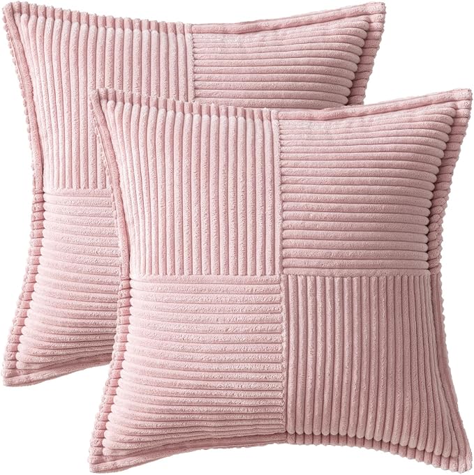 MIULEE Spring Decorative Throw Pillow Covers for Couch Bed Livingroom 20x20 Inch Set of 2 Pink Boho Accent Throw Pllows Broadside Striped Patchwork Soft Corduroy Pillowcases Valentine Decor - Image 7