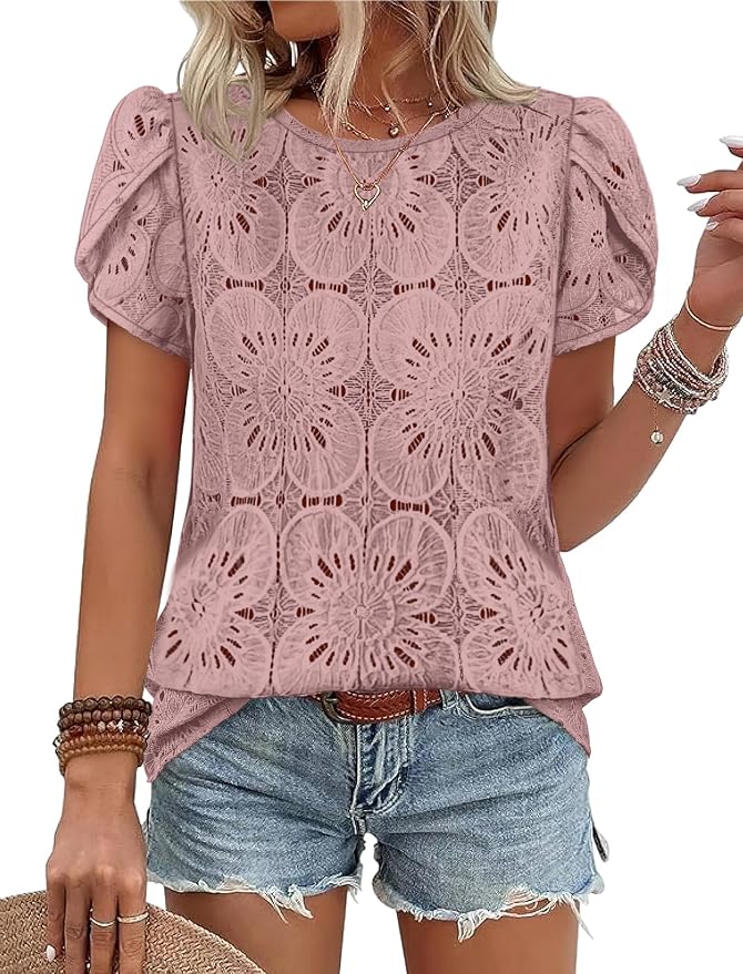 OFEEFAN Blouses for Women Dressy Casual Petal Short Sleeve Shirts Crochet Lace Boho Tops Spring Fashion Summer Outfits by OFEEFAN