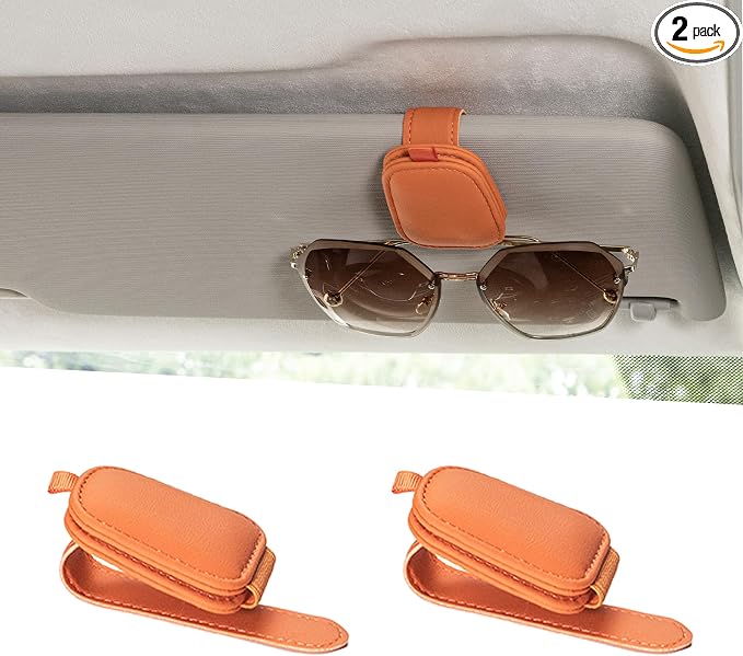 Yuoyar Magnetic Leather Sunglasses Holder for Car, 2 Packs (Orange) | Magnetic Car Visor Accessories by YUOYAR