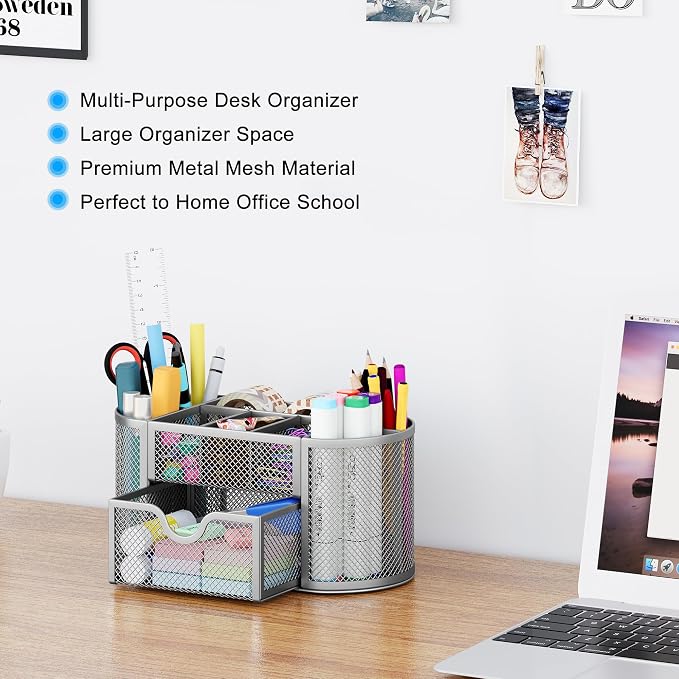 EasyPAG Mesh Pen Holder Desk Organizer with Drawer Stationery Supplies Organizer for Dorm School 9 Compartments Workspace Desk Accessories Organization for Office, Silver - Image 3