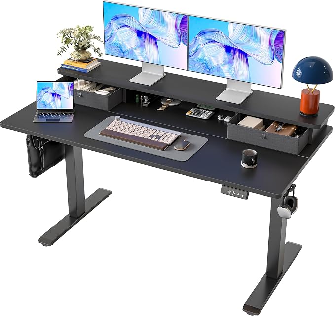 TIQLAB Standing Desk with Two Drawers, Stand Up Standing Desk Adjustable Height, Electric Sit Stand Table with Storage Shelf and Splice Board, 55 * 24 inch, Black by TIQLAB