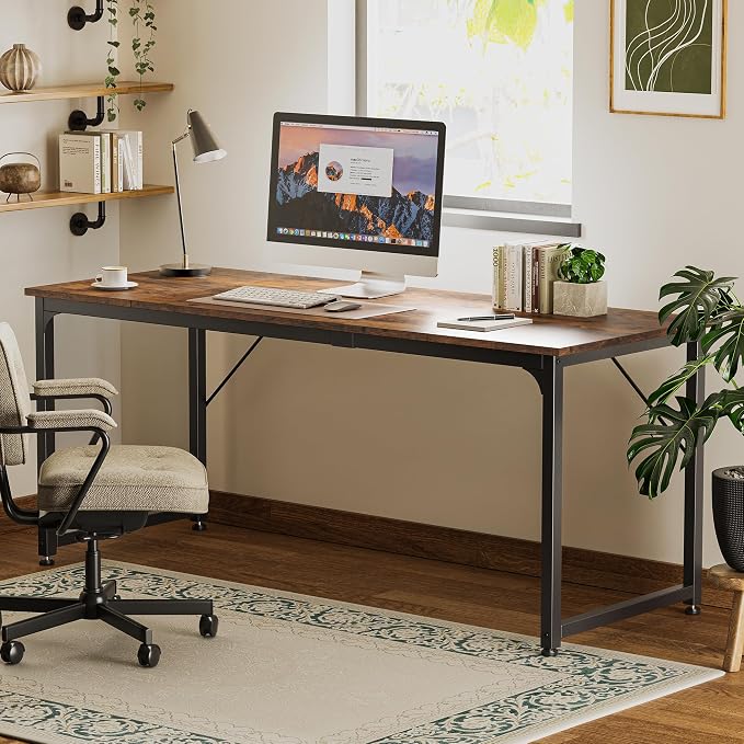 Huuger Computer Desk, 70 Inch Office Desk, Gaming Desk with Storage, Writing Desk Work Desk for Home Office, Study, Long Simple Desk, Large Legroom, Metal Frame, Rustic Brown - Image 7