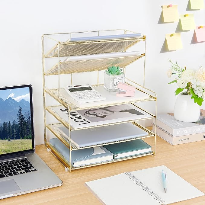 OPNICE Desk Organizer, 6-Tier Letter Tray Paper Organizer, Desktop File Organizer, Office Desk Accessories & Office Decor for Women, Workspace Organizer for Office Supplies(Gold) - Image 6